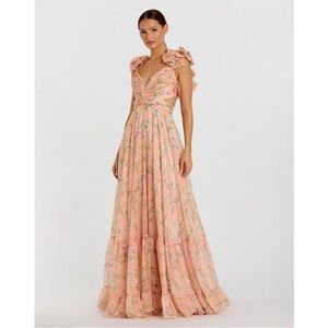 Mac Duggal 67803 Pink Ruffle Tiered Floral Cut-Out Chiffon Gown Dress Sz 4 NWOT